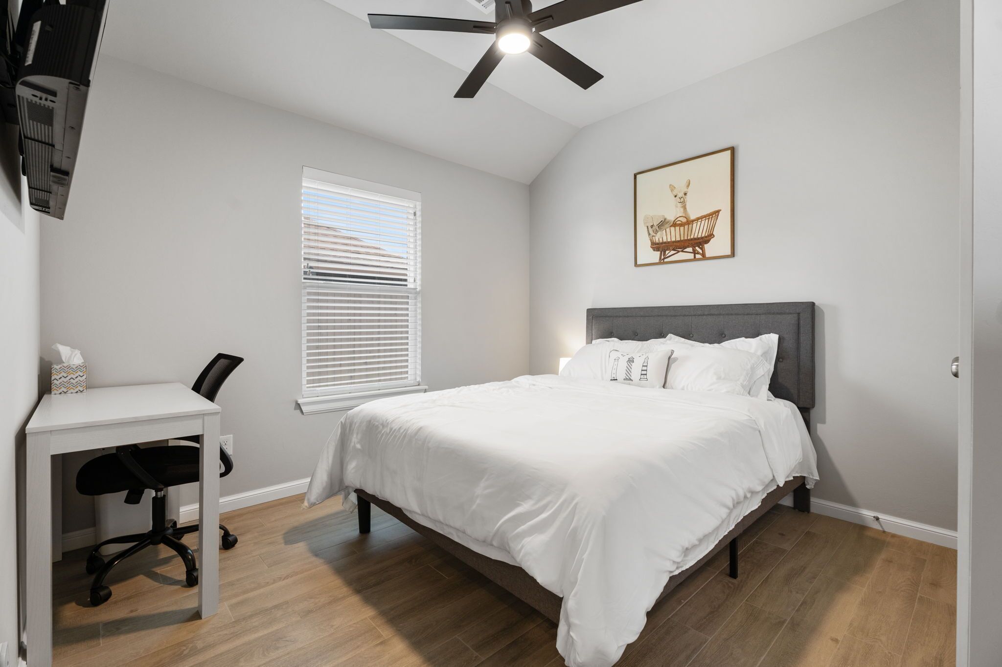 A bedroom with a bed, a desk, a chair, a ceiling fan, a window with blinds, and a wall-mounted picture.