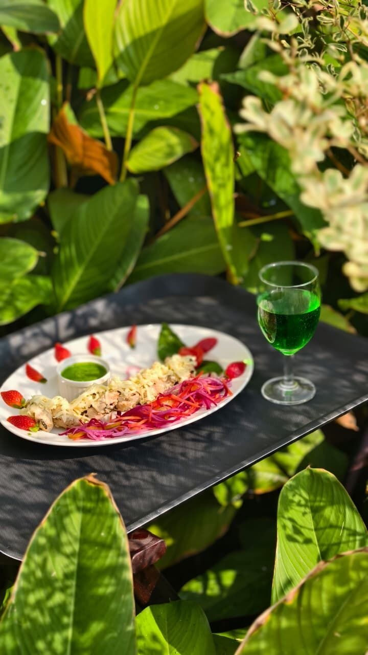 Una mesa de comedor con un plato de comida y un vaso de bebida verde, rodeada de exuberante follaje verde.