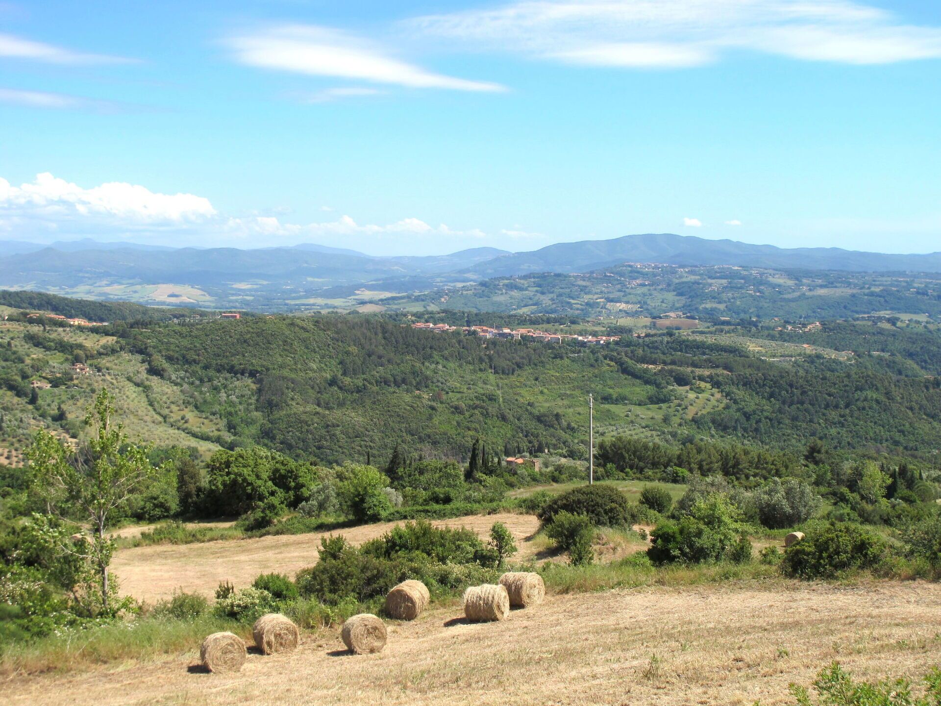 Un paisaje rural con colinas onduladas, fardos de heno dispersos y un pueblo lejano.