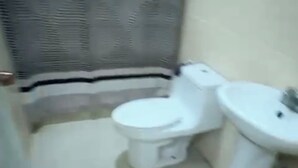 Et badeværelse med toilet, håndvask og bruseforhæng.