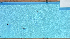 Une piscine à l’eau claire, un plongeoir et un mur en briques.