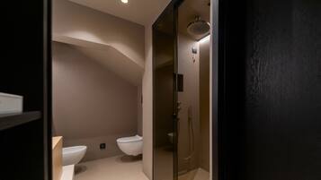 Een moderne badkamer met een douche met glazen wand, een wit toilet en een wastafel.