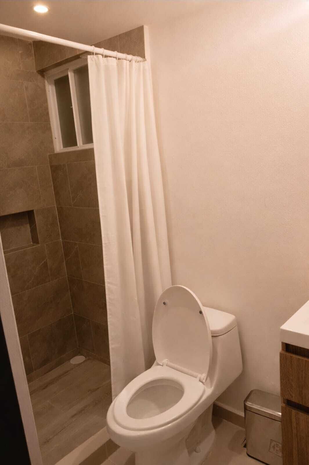 A bathroom with a shower, toilet, and a small trash bin.