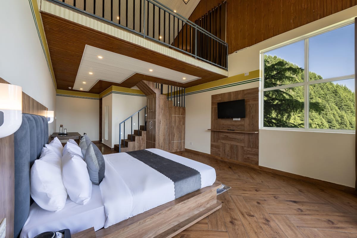 Un dormitorio con una cama grande, televisor, escalera y vistas al exterior.