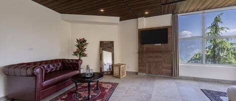 A living room with a leather sofa, a coffee table, a patterned rug, a wooden ceiling, a flat-screen TV, and a large window with a mountain view.