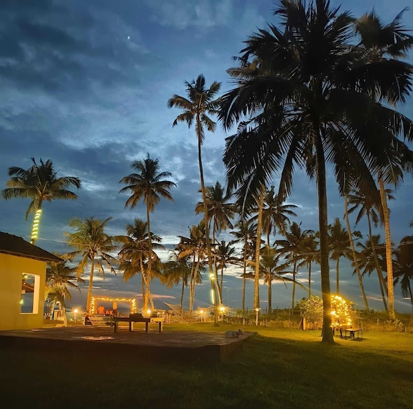 A beachfront property with palm trees, a building with a yellow facade, and outdoor seating areas.