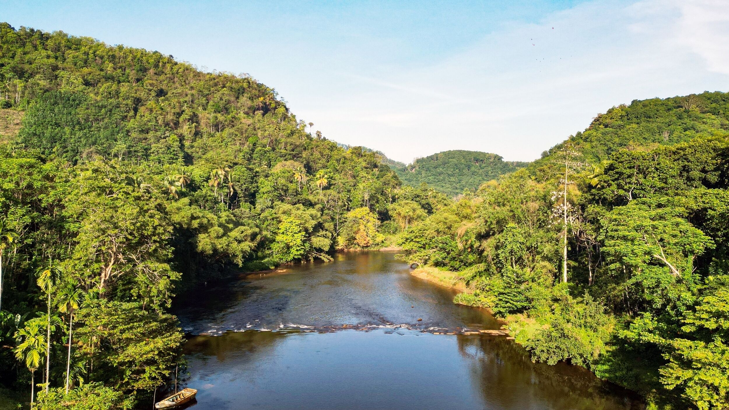 Un río rodeado de densa vegetación, una embarcación en el agua y un paisaje montañoso.
