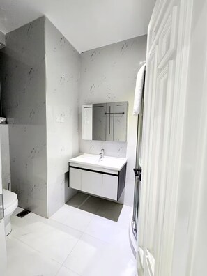 A bathroom with a white sink, a mirror above it, and a toilet to the left.