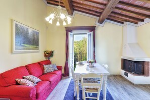 Televisión, chimenea, libros y estéreo 