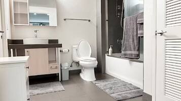 Hair dryer, towels, soap, toilet paper