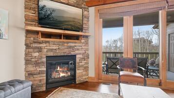 Smart TV, fireplace, books