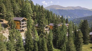 A mountain lodge with multiple wooden cabins surrounded by dense forest and a mountain in the background. - Deluxe chalet with sauna & hot tub (Turrach)