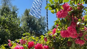 Un jardin où s’épanouissent des fleurs roses et où flotte un drapeau à carreaux bleus et blancs.