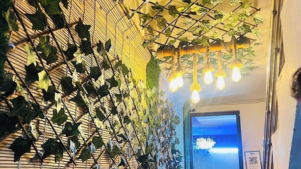 A reception area with a sign for 'Shree JII Guest House Reception' and a wall decorated with ivy.