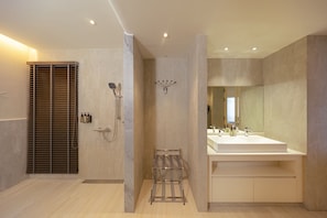 Hair dryer, bathrobes, towels, soap