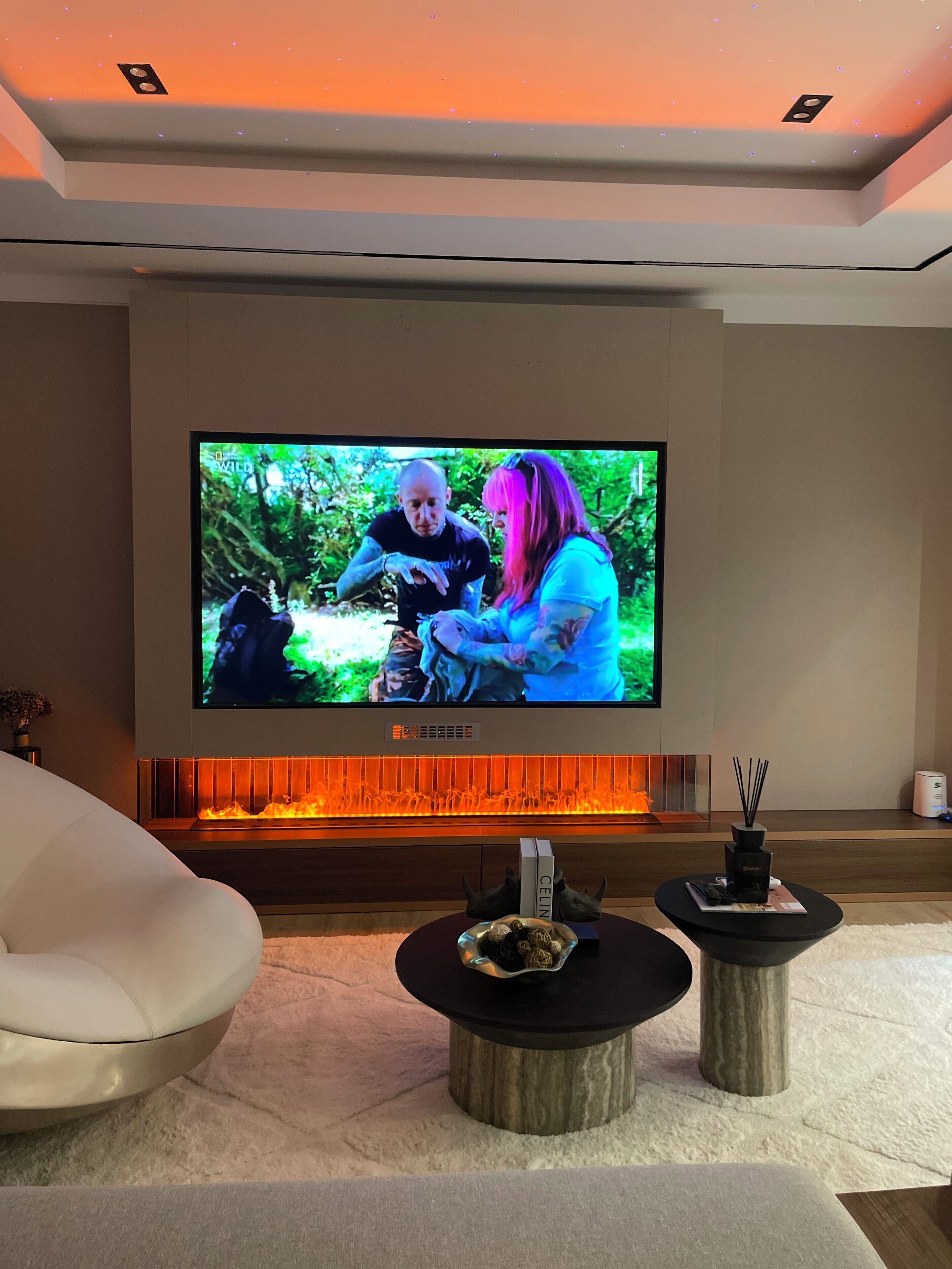 Uma sala de estar moderna com uma grande TV de tela plana na parede, uma lareira abaixo e duas mesas de centro redondas com objetos decorativos.