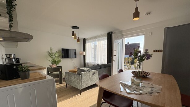 A modern kitchen with a dining area, a sofa, and a TV. - Stranddistel 5 - "Stranddistel" vacation home with 5 residential units... (Dahme)