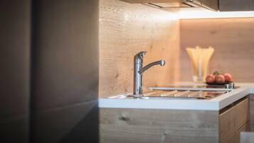 Kühlschrank, Mikrowelle, Herdplatte, Wasserkocher mit Kaffee-/Teezubehör