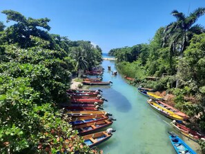 Um rio com barcos atracados nas margens, cercado por vegetação densa.