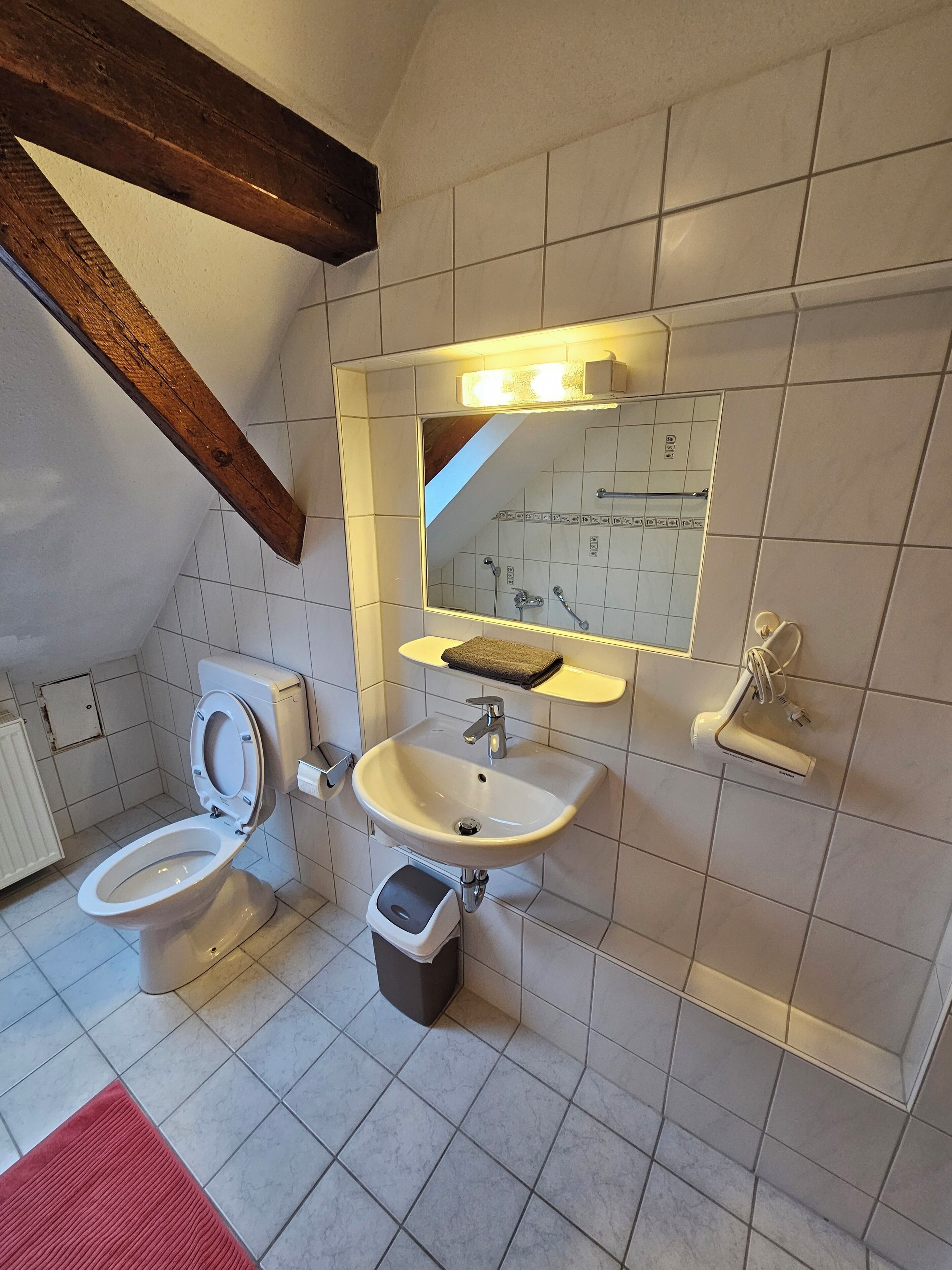 Un baño con inodoro, lavamanos, espejo y toallero.