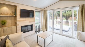 Een moderne woonkamer met een open haard, een flatscreen televisie, een bank, een salontafel en een schuifdeur die leidt naar een terras.