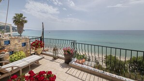 Ein Balkon mit Meerblick, einer Palme und Topfpflanzen.