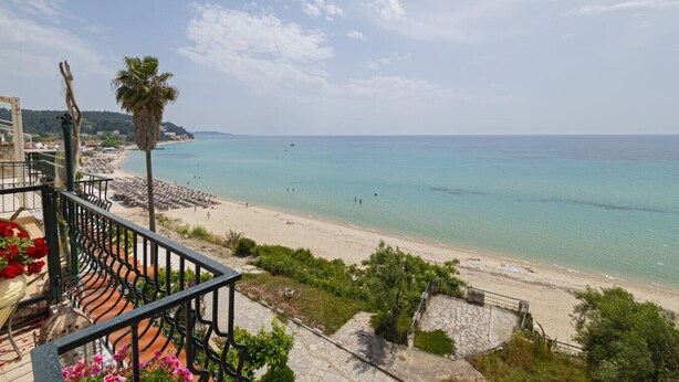 Ein Balkon mit Blick auf einen Strand, eine Palme und einen klaren Himmel.