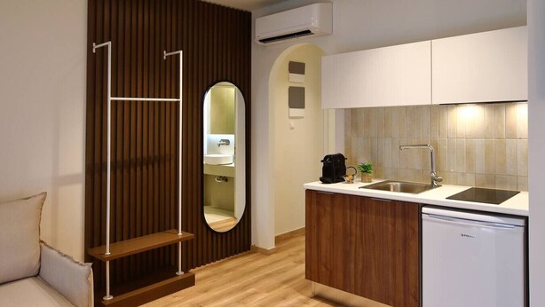 A compact kitchen with a built-in dishwasher, a coffee maker, and a small potted plant on the counter. - Local Suite 3 - Nea Moudania (Nea Moudania)