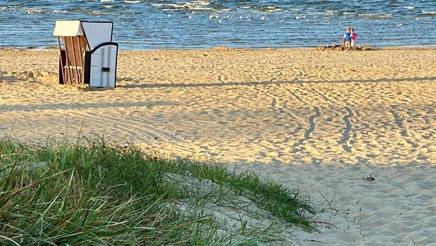 Ein Strand mit Sand, Gras und einem Gewässer.