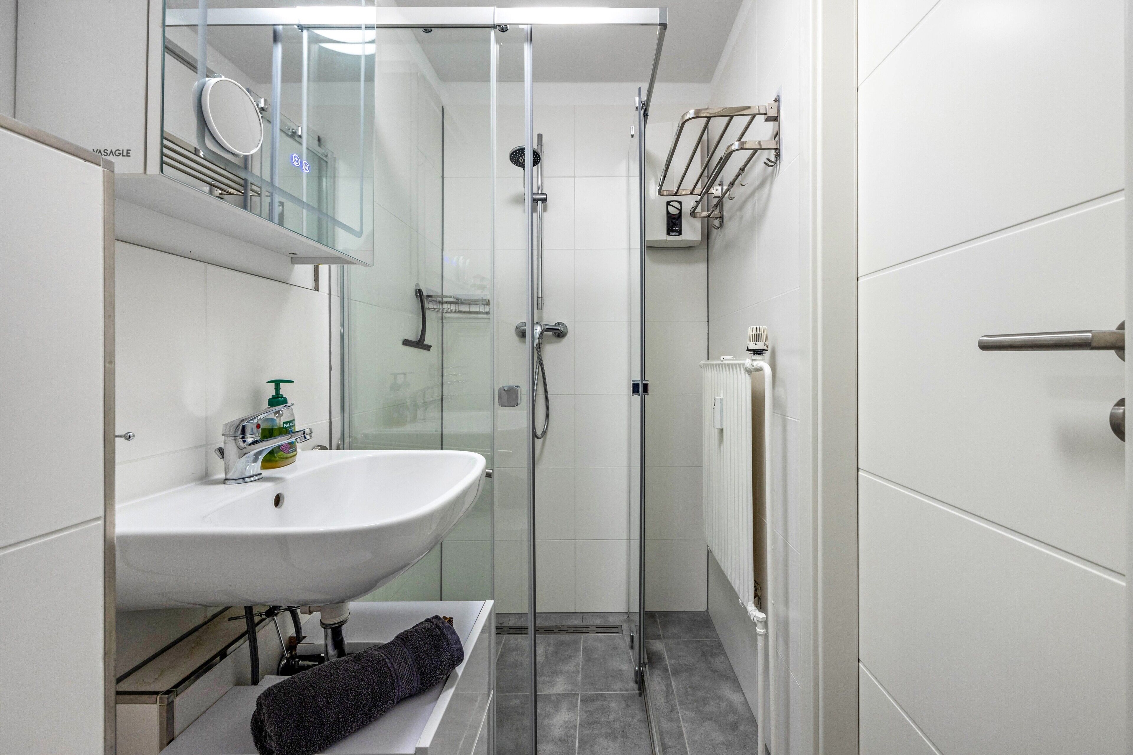Shower, hair dryer, towels