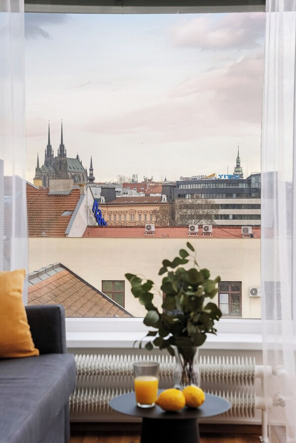 A room with a view of a cityscape, a radiator, a table with a glass of orange juice, and a plant. - Sky Apartments Vlhká (Brno)
