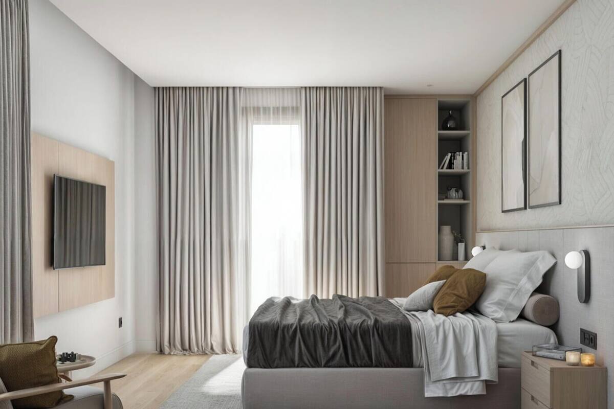 A modern bedroom with a bed, bedside tables, a TV, and a bookshelf.