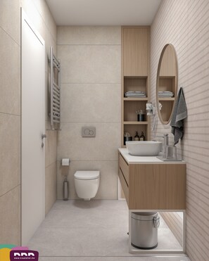 Habitación Deluxe con 1 cama matrimonial o 2 individuales, balcón, vista al mar | Baño