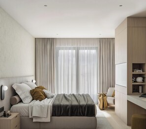 A modern bedroom with a bed, bedside tables, a desk, and a wardrobe. - Hotel Aranka (Budva)
