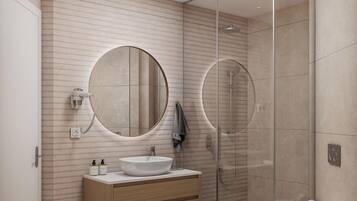 Quarto casal standard | Banheiro | Chuveiro, secador de cabelo, toalhas de banho, sabonete