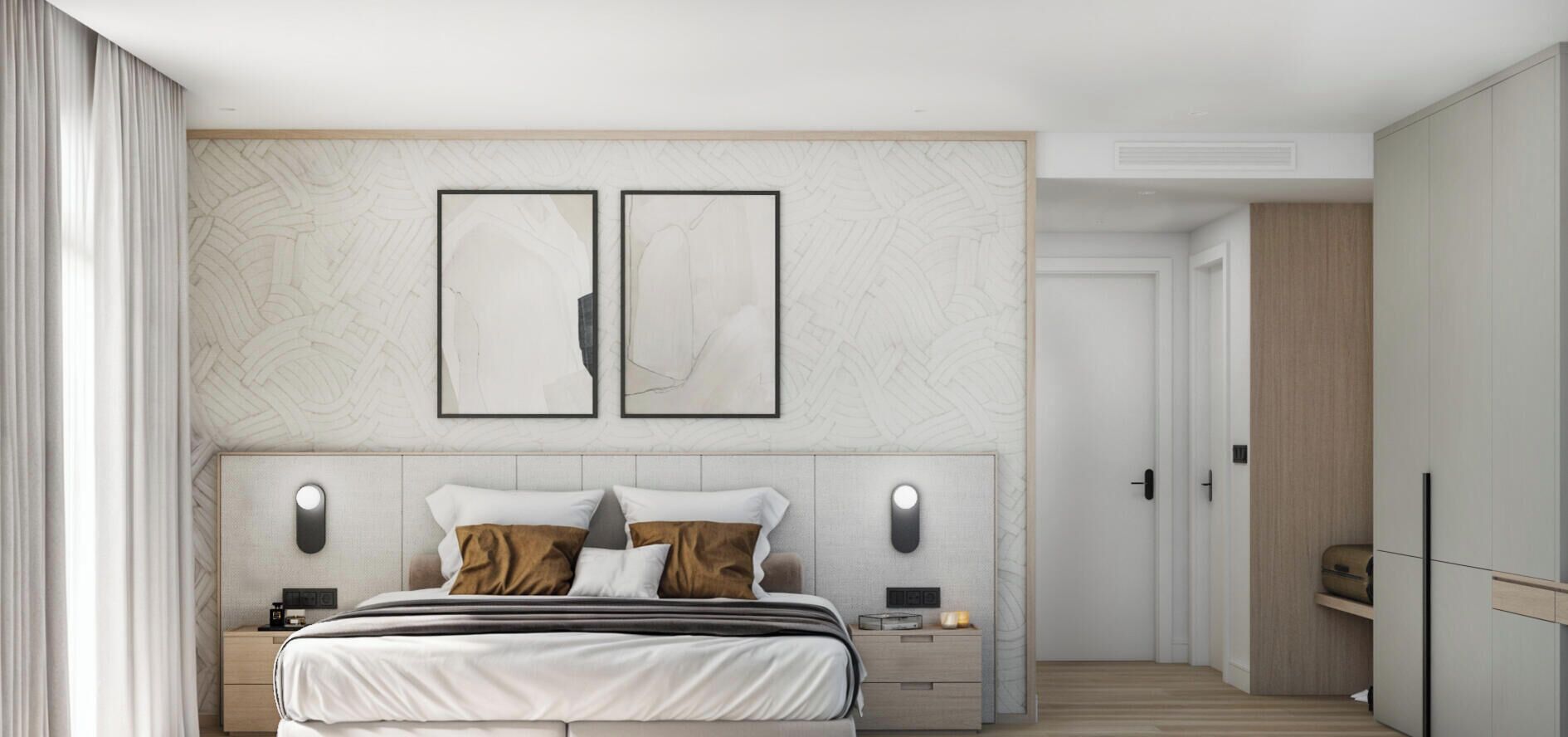 A modern bedroom with a bed, bedside tables, and a wardrobe.