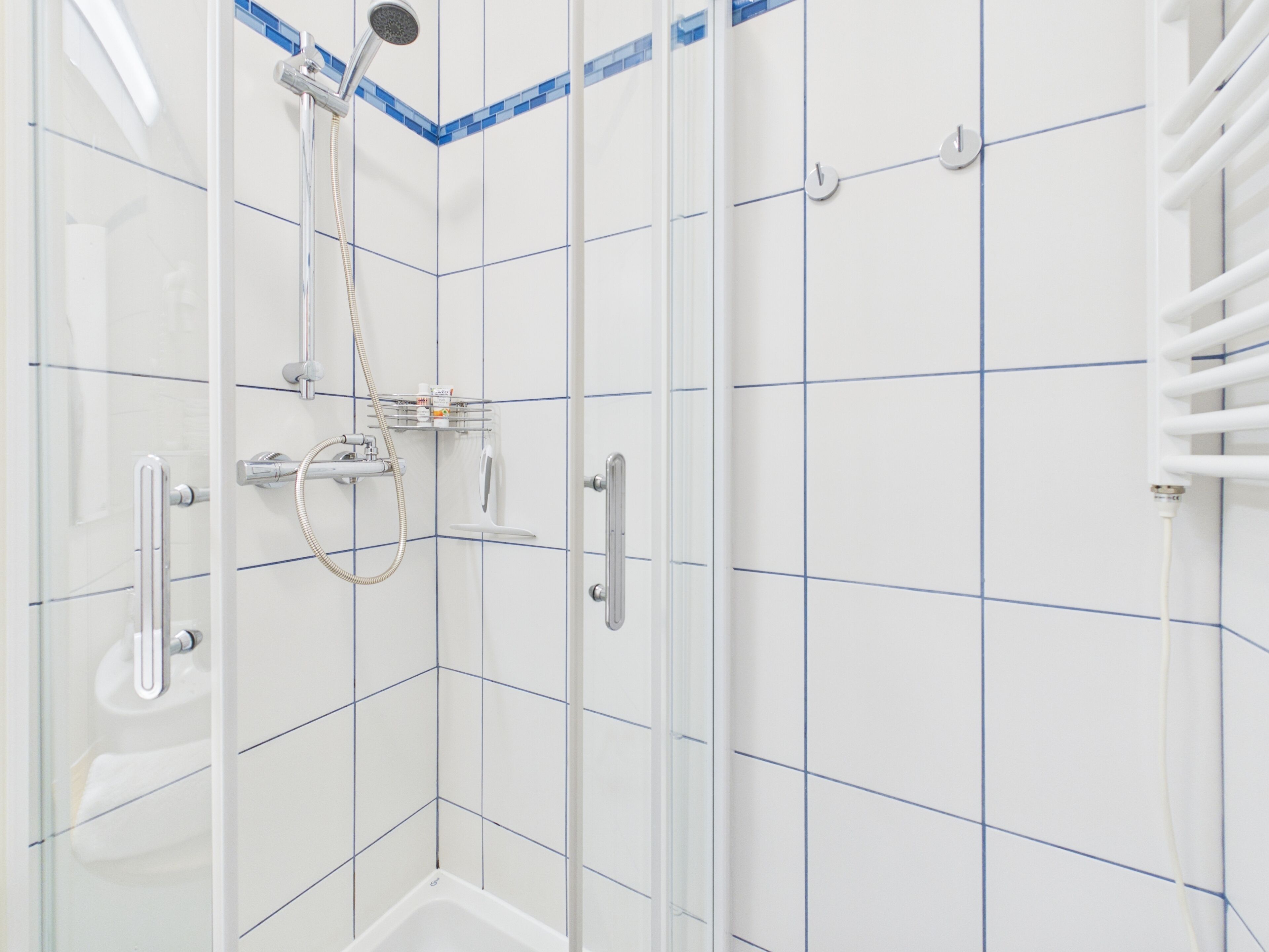 Un espacio de ducha con puerta de vidrio, un cabezal de ducha manual, un grifo empotrado y una bañera blanca.