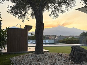 Un espacio al aire libre con árboles y una vista de la montaña al fondo.