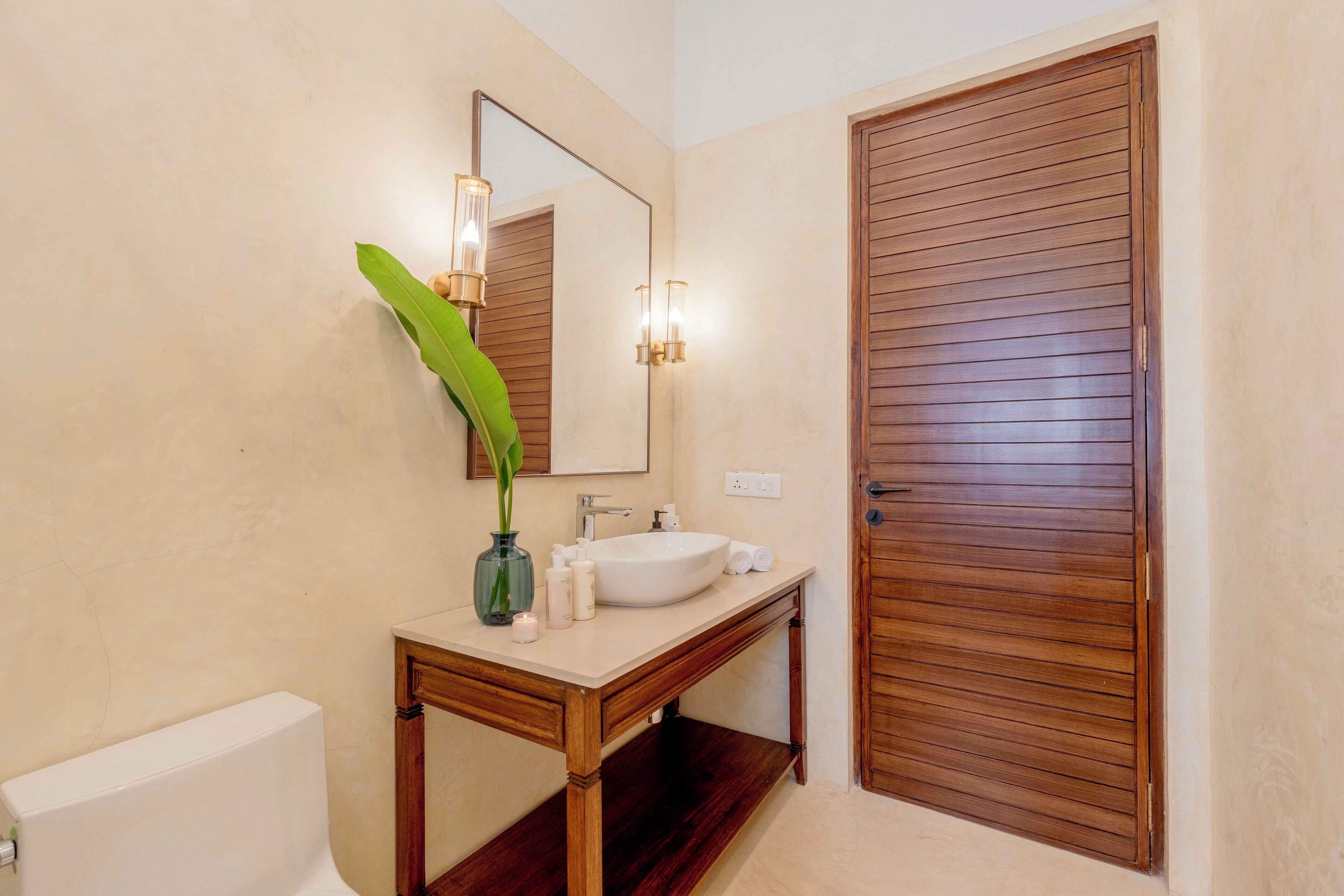 Un baño con tocador de madera, lavamanos blanco, espejo y planta verde.