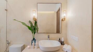 Un baño con un lavamanos blanco, un espejo, dos luces empotradas, una planta en maceta, un perchero y un inodoro.