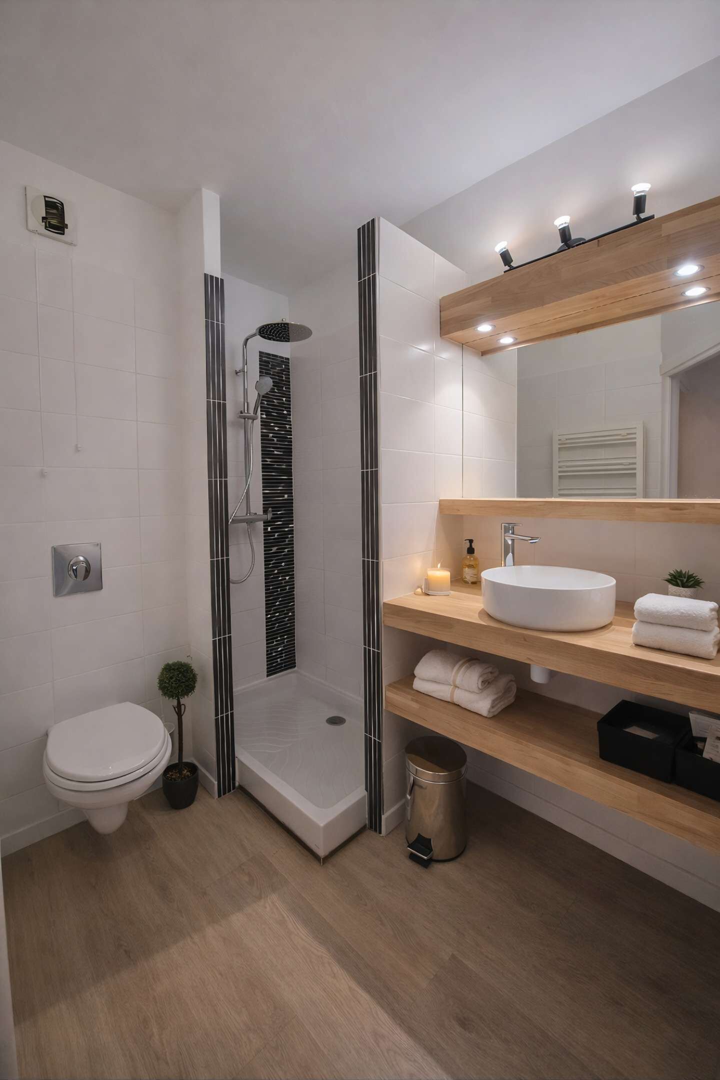 Un baño moderno con inodoro blanco, ducha con puerta de vidrio, tocador de madera con lavamanos y un espejo encima.