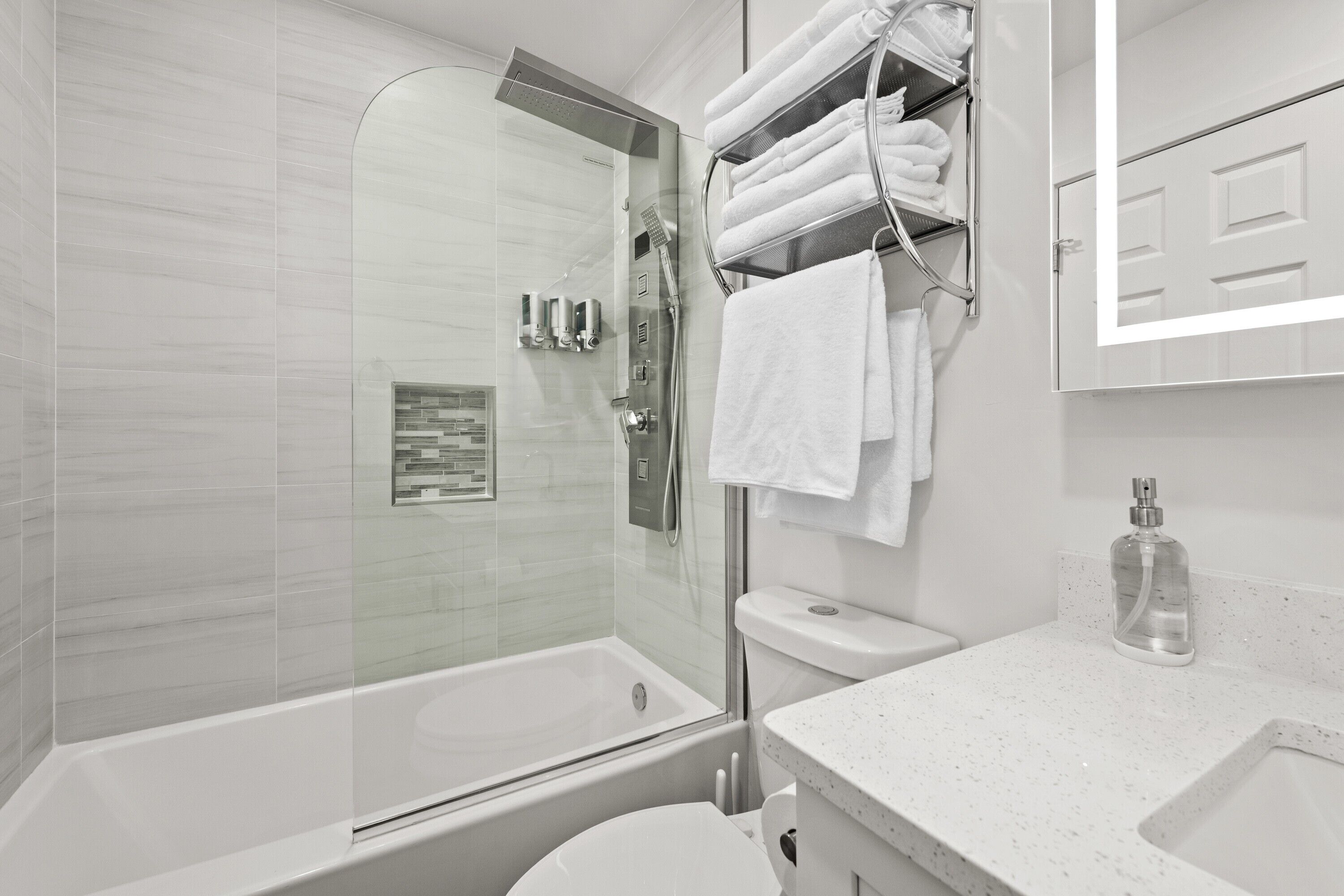 Hair dryer, towels, soap, toilet paper