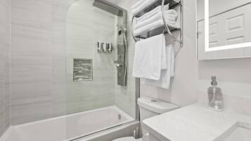 Hair dryer, towels, soap, toilet paper