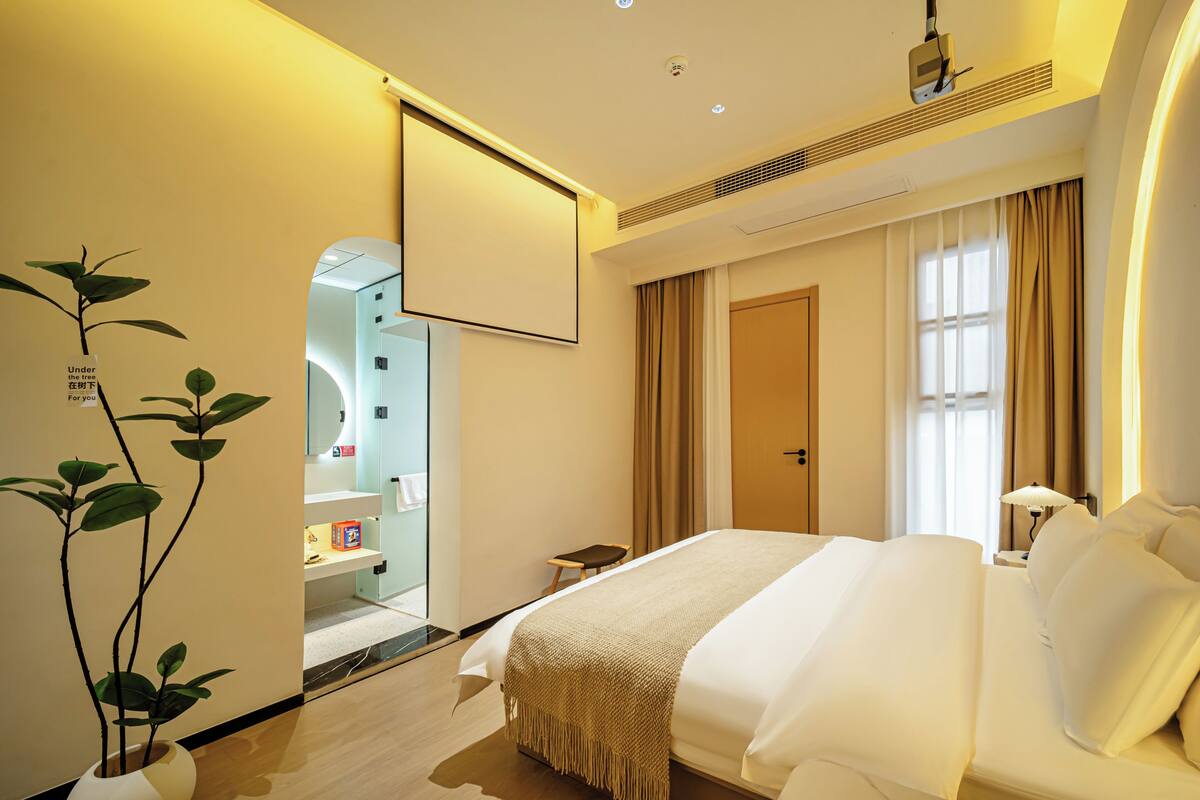 A hotel room with a bed, bedside table, lamp, and a plant.