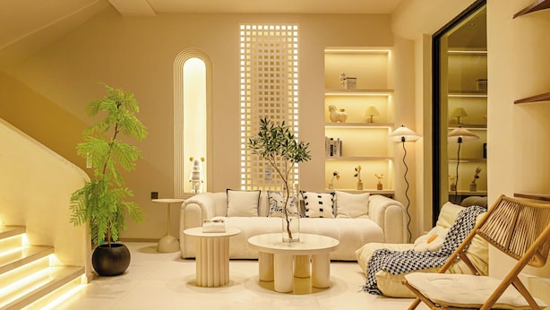 A modern living room with a sofa, coffee table, and decorative plants. - Jingdezhen Ruchu Hostel - Tao Xichuan  (Jingdezhen)