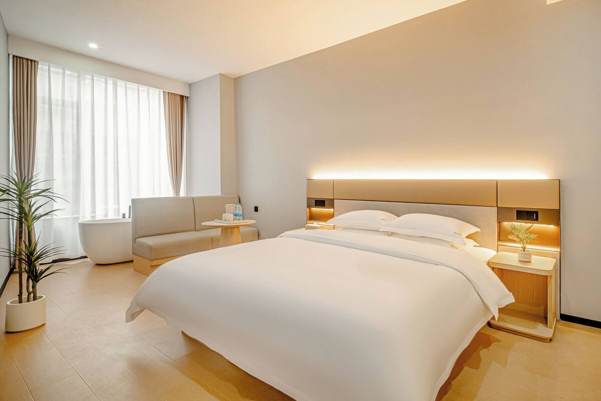 A modern hotel room with a large bed, bedside tables, a sofa, and a potted plant.