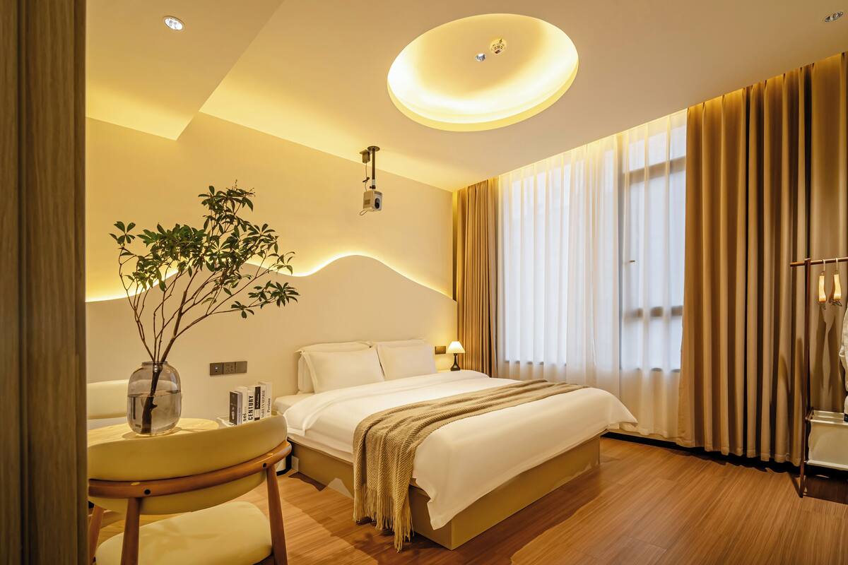 A modern hotel room with a large bed, a bedside table, a chair, a plant, and a large window with curtains.