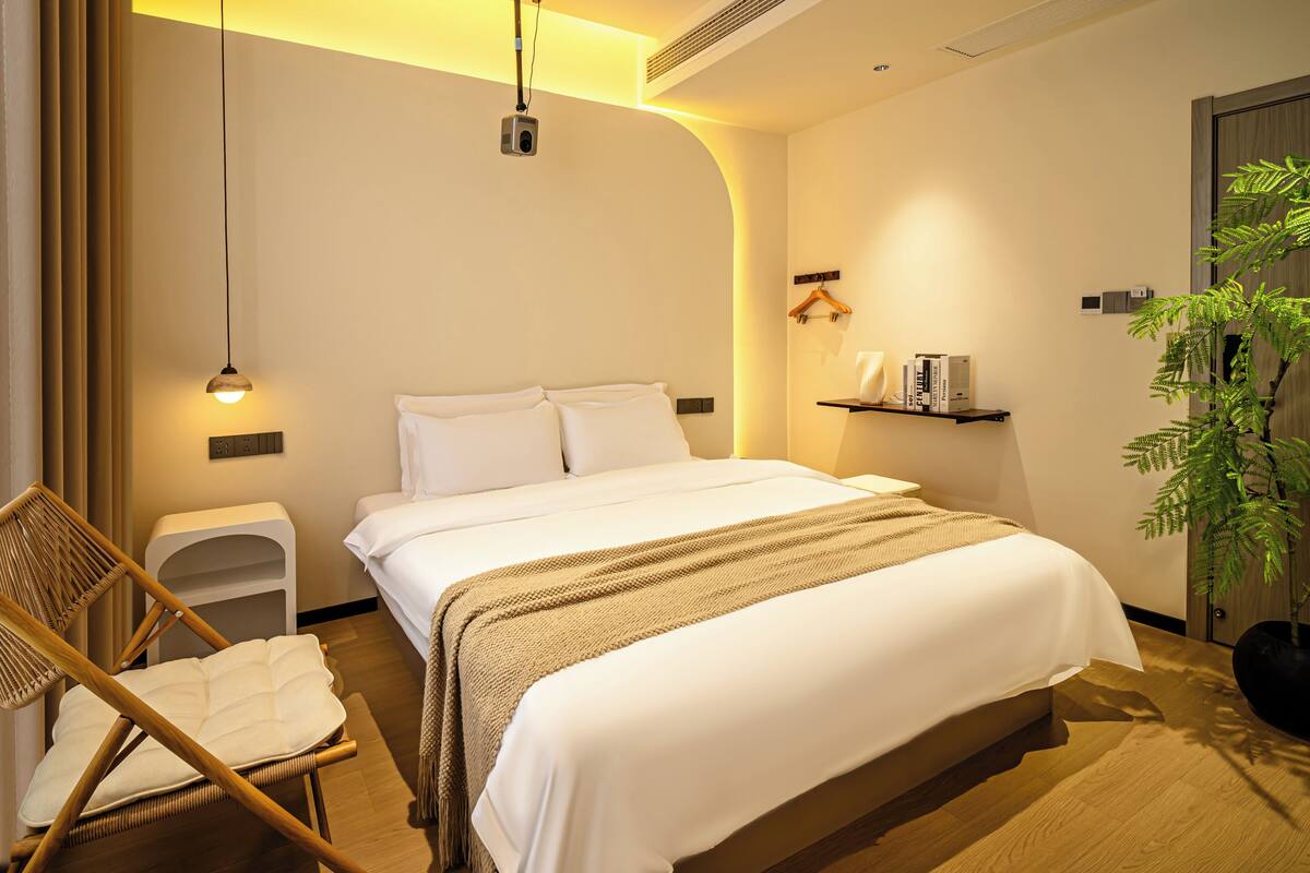 A hotel room with a bed, a chair, a bedside table, a shelf with books, and a potted plant.