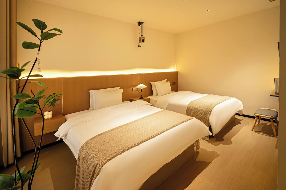A hotel room with two beds, a bedside table with a lamp, a small stool, and a plant.