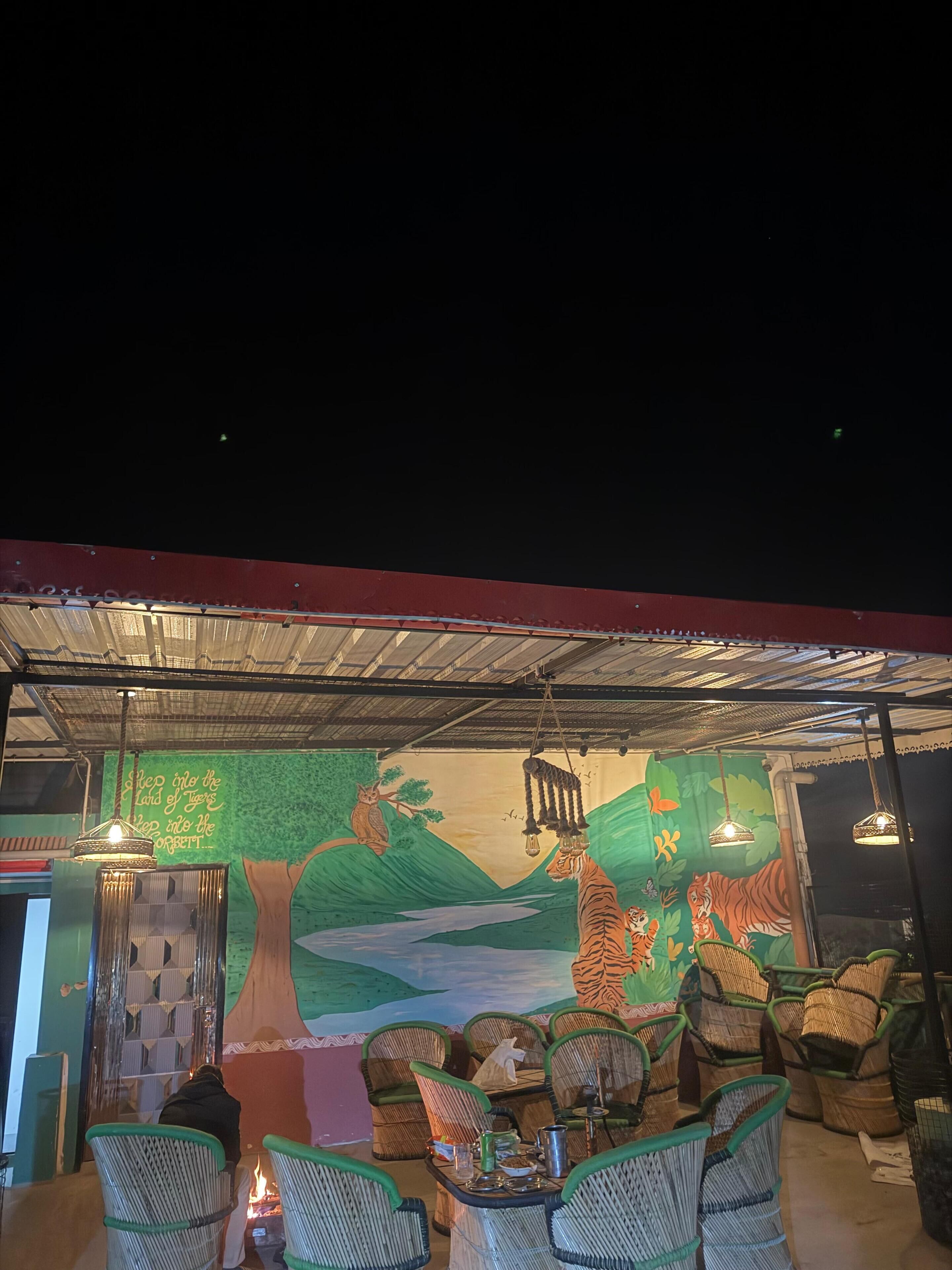 A restaurant with a mural of a jungle scene, wicker furniture, hanging lights, and a fire feature.